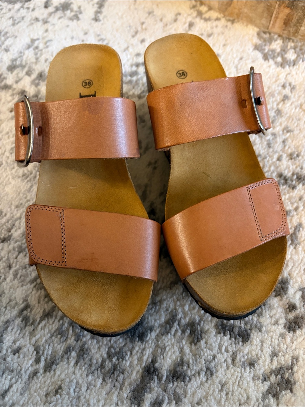 Tan Leather Double-Strap Slide Sandals - NEW